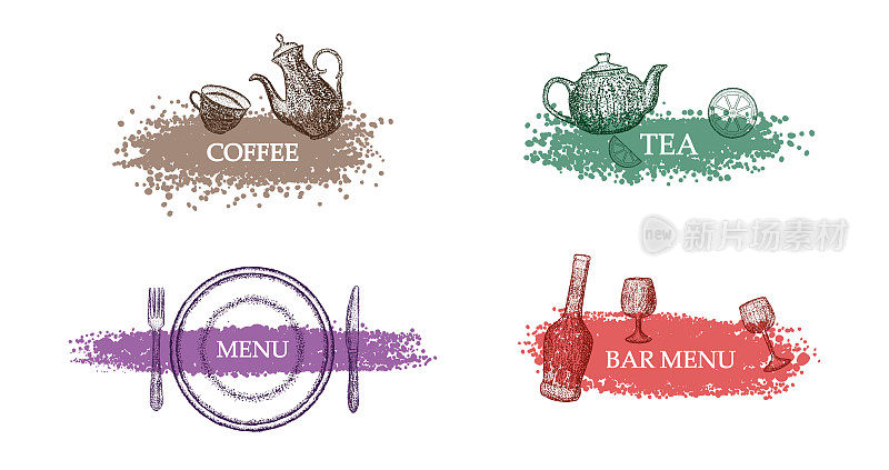 Titles for menu sections. Labels for the menu. Cutlery, plate, glasses, bottle, cup, kettles.